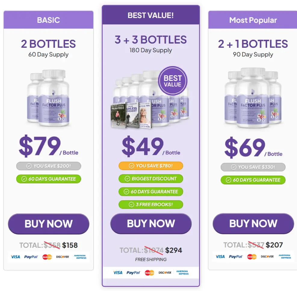 Flush Factor Plus bundle promotion showing different package choices